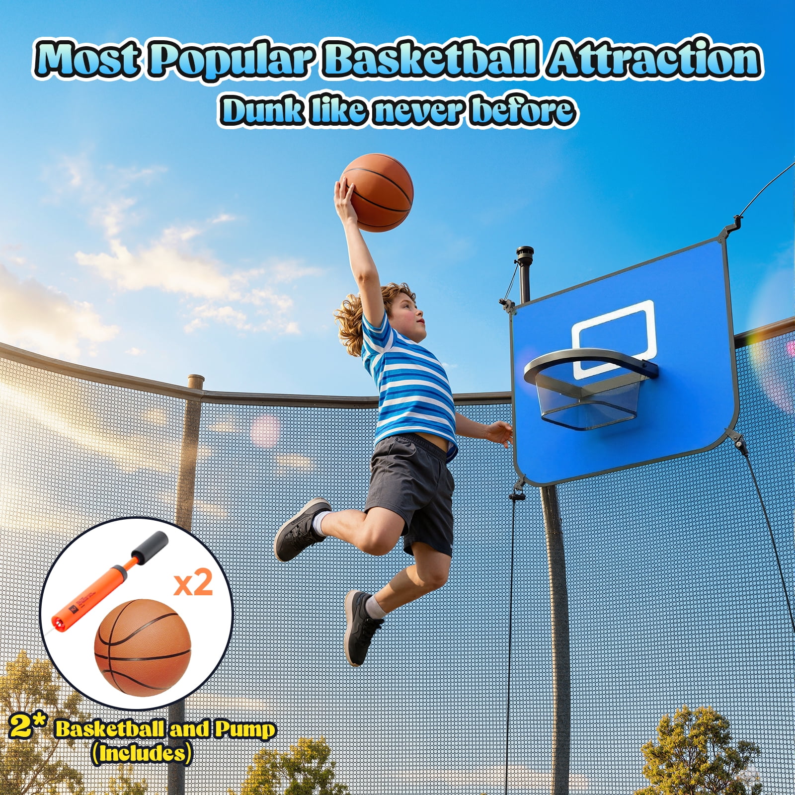 Outdoor Trampoline,Fashionsport Outfitters 8FT/12FT/14FT/16FT Round Jumping Trampoline with Ladder,Sprinkler,Basketball Hoop Board,Recreational Backyard Trampolines Anti-Rust for Kids Gift