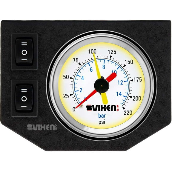 Vixen Air One 2" Dual Needle Air Pressure White Gauge with Two Momentary Switches and Metal Dash Panel Kit VXF1GP2RKW