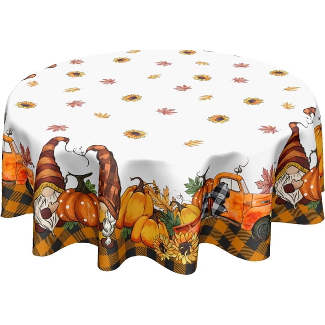 Fall Tablecloth 60 Inch Round Thanksgiving Orange Pumpkin Truck Gnome Buffalo Plaid Table Cloth Autumn Harvest Polyester Table Cover for Holiday Party Dining Room Home Decor