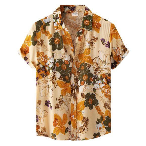 Wyzesi Plaid Shirt Men Brown Red Male Summer Hawaii Floral Print Shirt Short Sleeve Turn Down Collar Button Shirt White Dress Shirt for Men Button Down