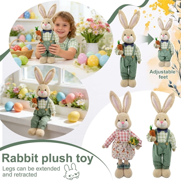 25Inch Telescopic Easter Bunny Figurine with Retractable Legs and Spring themed Outfit for Entryway and Living Room Decor Plush Rabbit Ornament for Office
