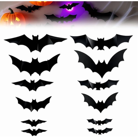 2025 New Halloween 3D Lighted Bats, LED Purple Lighted 3D Bats Halloween Decoration, Upgrade LED Glowing Bat Group Hanging Wall Luminous Glow Clings Multipack (12/24/36/48Pcs Black)