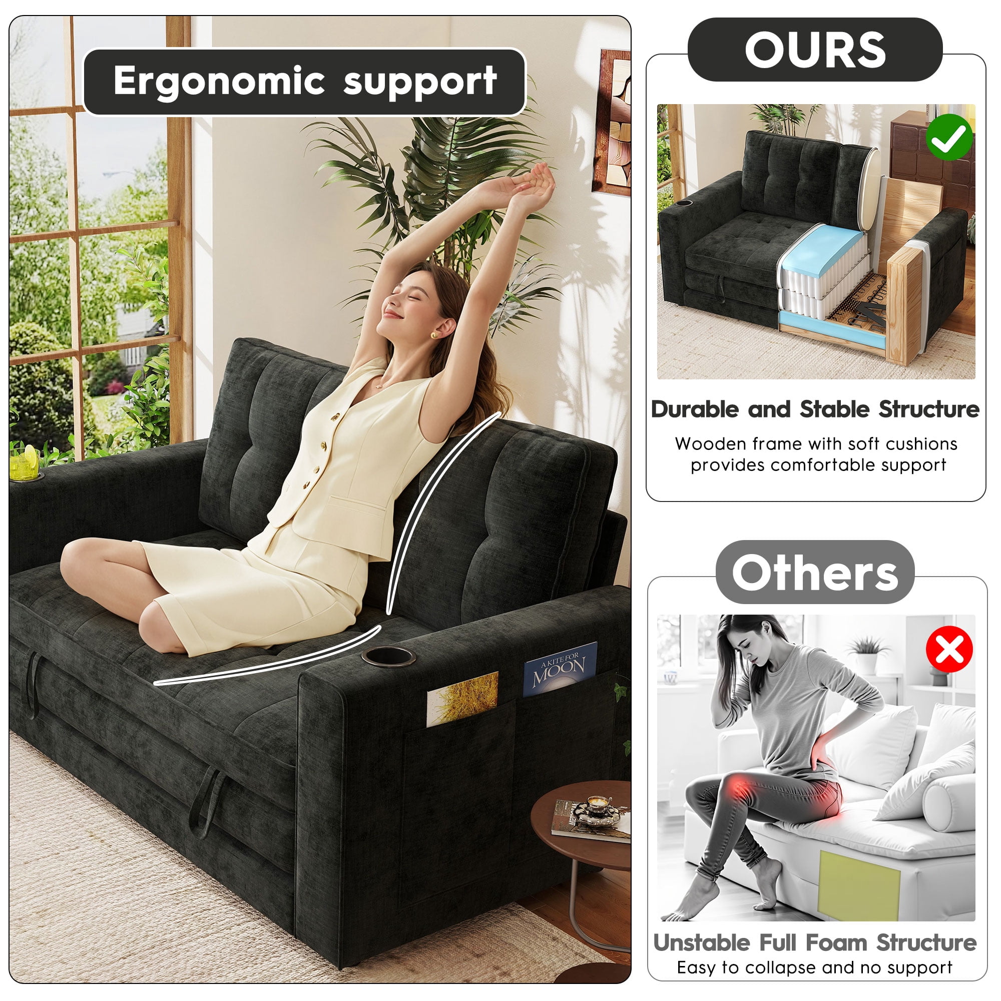 BedLuxury 55" Foldable Loveseat Futon Sofa Bed with Cup Holder & Storage Pocket, Sleeper Couch, Space Saving, Chenille Black
