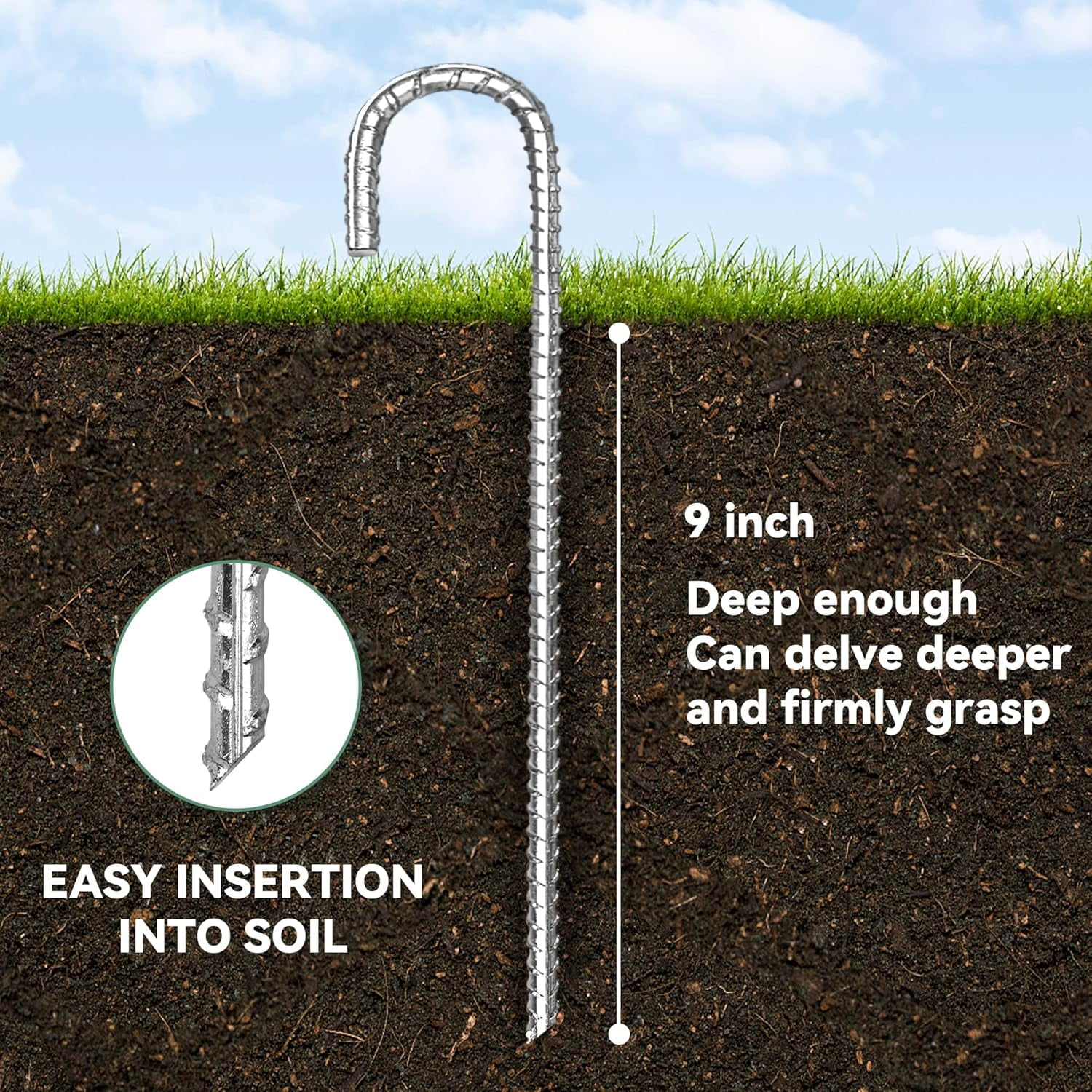 HRTGFD-12 Pack 12 Inch Rebar Stakes Heavy Duty J Hook Ground Anchors, Anti Rust Metal Steel Tent Stakes Garden Fence Stakes, Silver