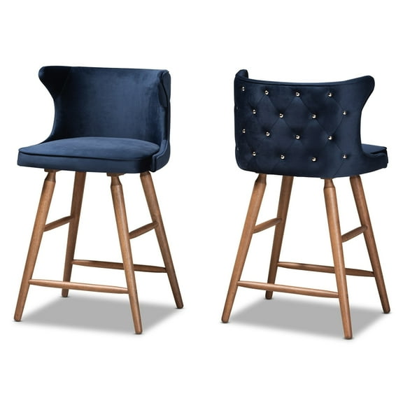Baxton Studio Sagira Modern Transitional Navy Blue Velvet Fabric Upholstered and Walnut Brown Finished Wood 2-Piece