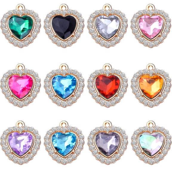 24pcs 12 Colors Rhinestone Heart Charms Cubic Zirconia Alloy Crystal Beads Pendants Charms for DIY Earrings Necklace Bracelet Crafts Jewelry Making Tiny Dangle Accessories