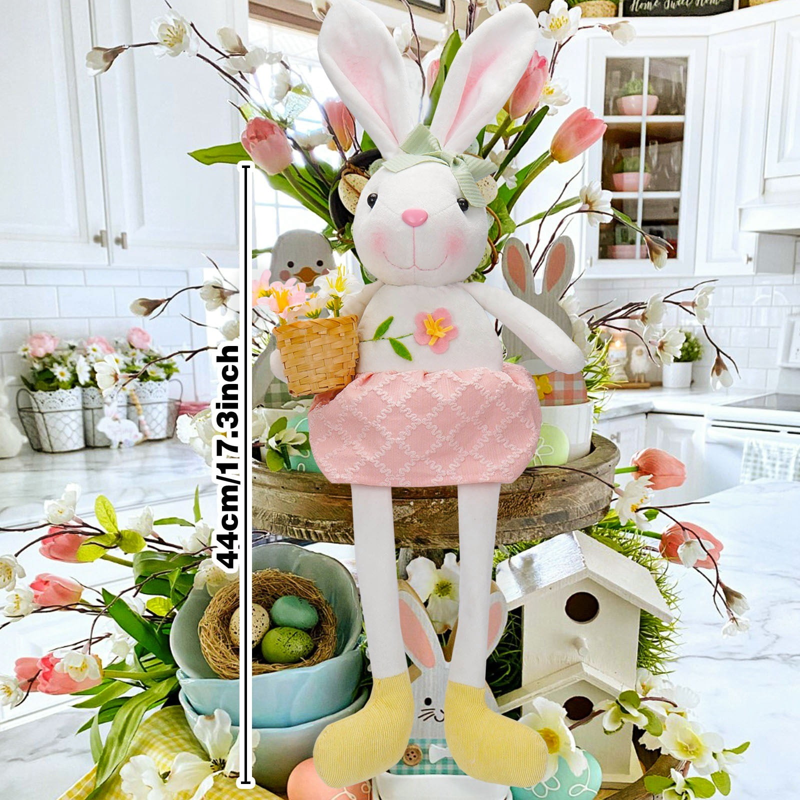 17.3in Easter Decorations Plush Bunny Doll with Flower Basket for Easter Party Decor and Easter Basket Stuffers, Soft PP Cotton Easter Decor Rabbit Figurine for Kids Easter Pascua Home Display