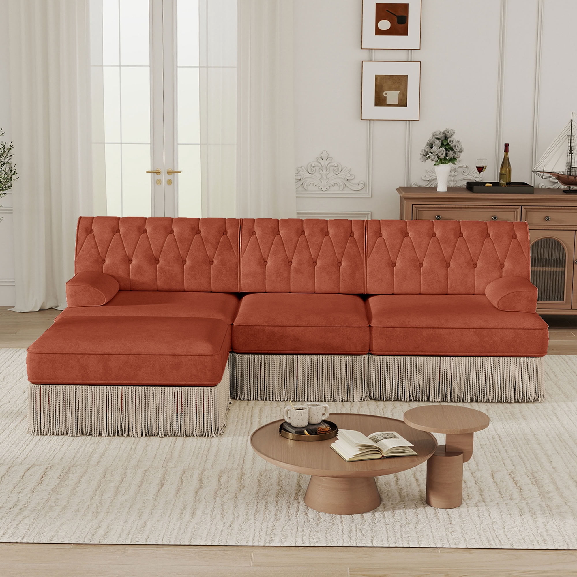 MAYEERTY 3-Seater Cloud Sectional Sofa, Chesterfield Modular Couch with Ottoman, Solid Wood Base for Living Room & Home Study
