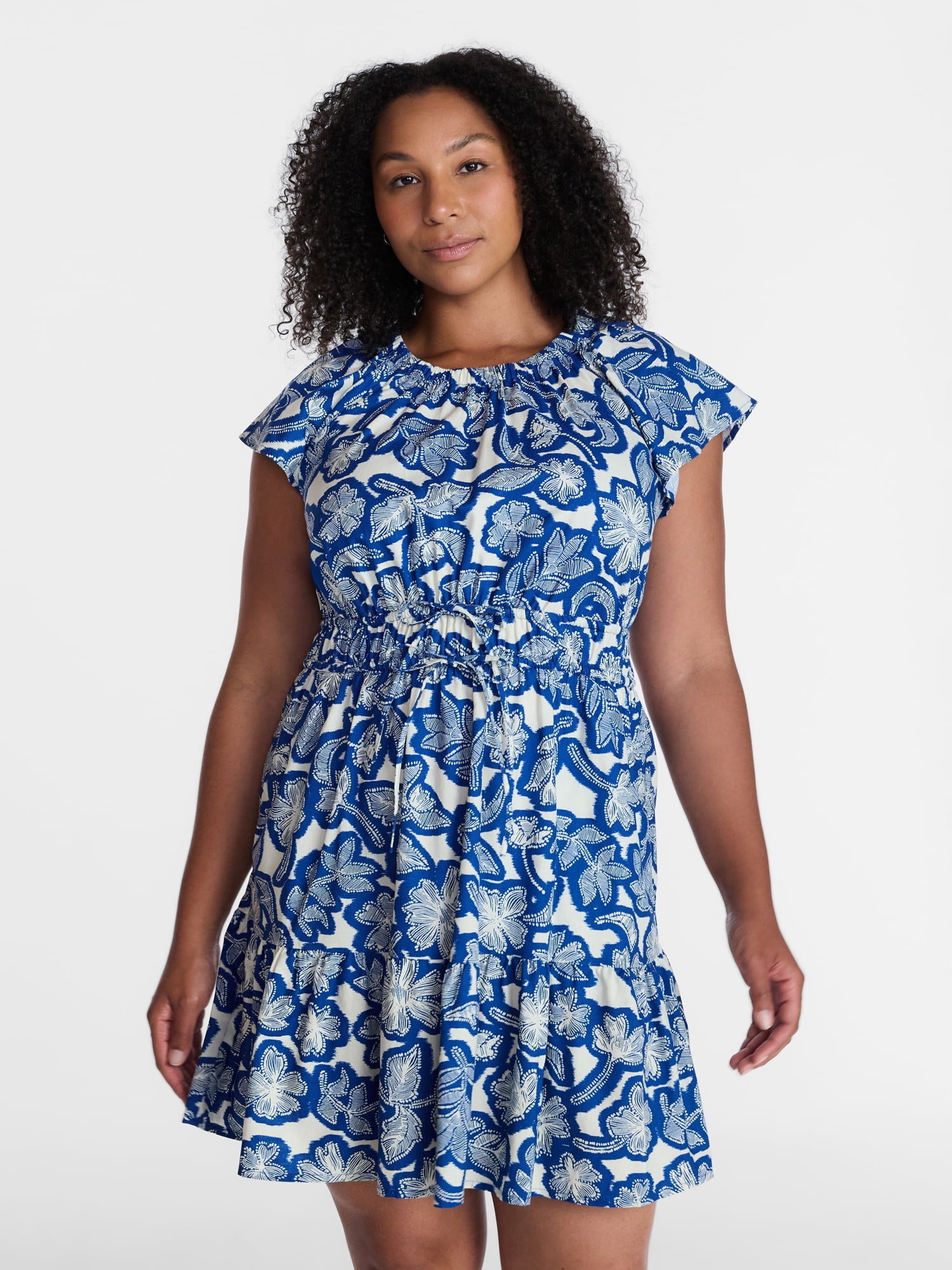 Time and Tru Women's Cinched Waist Mini Dress with Flutter Sleeves, Sizes XS-XXXL