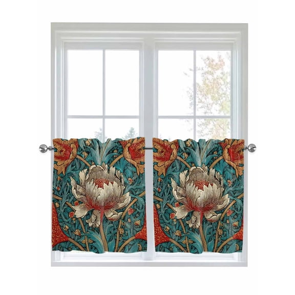 William Morris Plant Floral 2 Panel Kitchen Curtains for Small Windows, Retro Lotus Flower Leaves Bathroom Tier Curtain, Short Window Treatment for Bedroom/Living Room 55"x36"