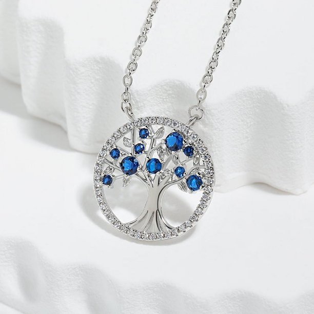 Zhuge Collar con colgante de árbol de la vida para hombres y mujeres, collar con árbol de la vida natural hueco con diamantes de agua (azul)