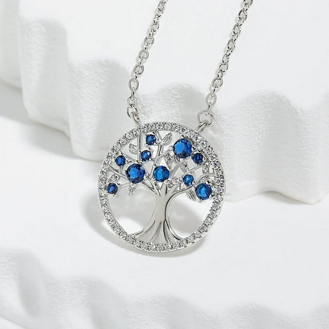 Zhuge Collar con colgante de árbol de la vida para hombres y mujeres, collar con árbol de la vida natural hueco con diamantes de agua (azul)