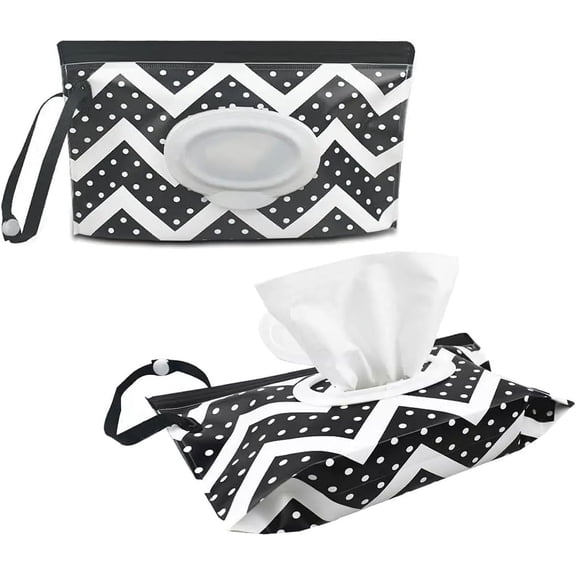 Qhkie Portable Wet Wipe Dispenser Bag,Reusable Wipe Container Travel Holder, Napkin Storage Pouch with Sealed Zipper (Black White Wave)