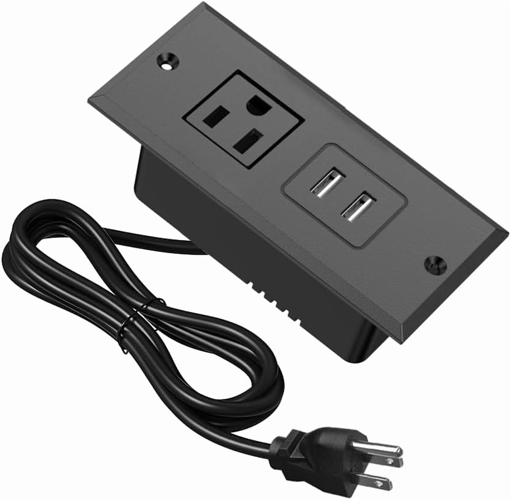 RGHJAR-Small Recessed Power Strip Plug Extension Cord Hidden Charging Station with Inset USB Electrical Outlet Extender Flush Mount Surge Protector for Desk Furniture NightStand Under Desk (Black)