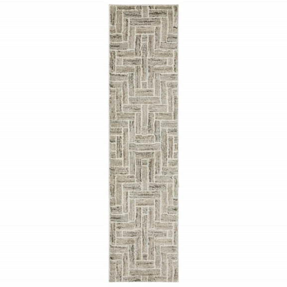 2' X 8' Beige And Ivory Geometric Power Loom Runner Rug
