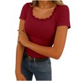 thumbnail image 2 of ClodeEU Womens Summer Lace V Neck Short Sleeve Tops ,Ribbed Knit Slim Fit Casual T Shirts Wine,Womens Plus S, 2 of 8