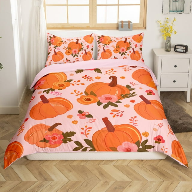 YST Ensemble de Couette Très Grand Citrouille d'Automne pour Enfants Filles Femmes, Ensemble de Literie d'Automne Récolte de l\'Action de Grâce Mignon Floral Botanique Ensemble de Couette Rustique Pastoral 3 Pcs