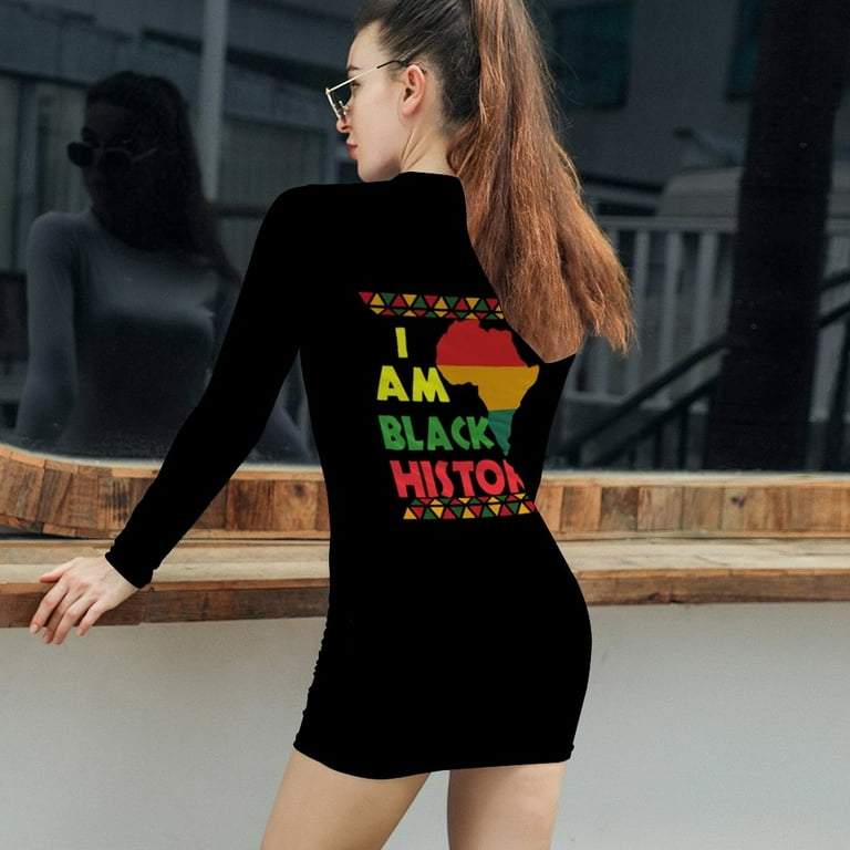 I Am Black History Month Dresses for Women Long Sleeve Round Neck Dress Casual Simple Wrap Mini T Shirt Dress 2XL