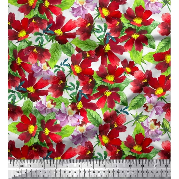 Soimoi Red Satin Silk Fabric Leaves & Floral Watercolor Printed Fabric 1 Yard 42 Inch Wide