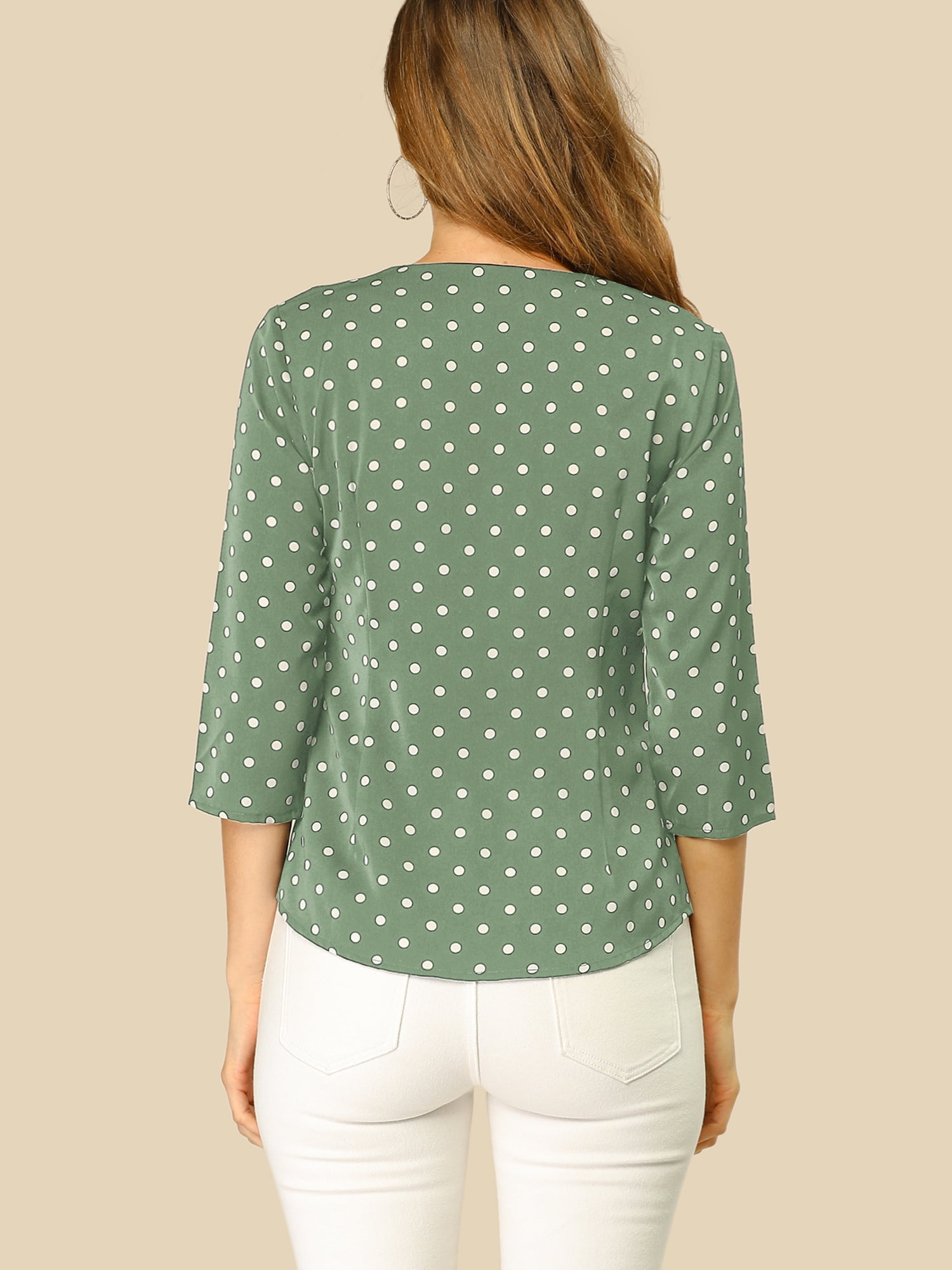 DARING DIVA Women's V Neck Polka Dots 3/4 Sleeve Casual Button Blouse XL Olive Green