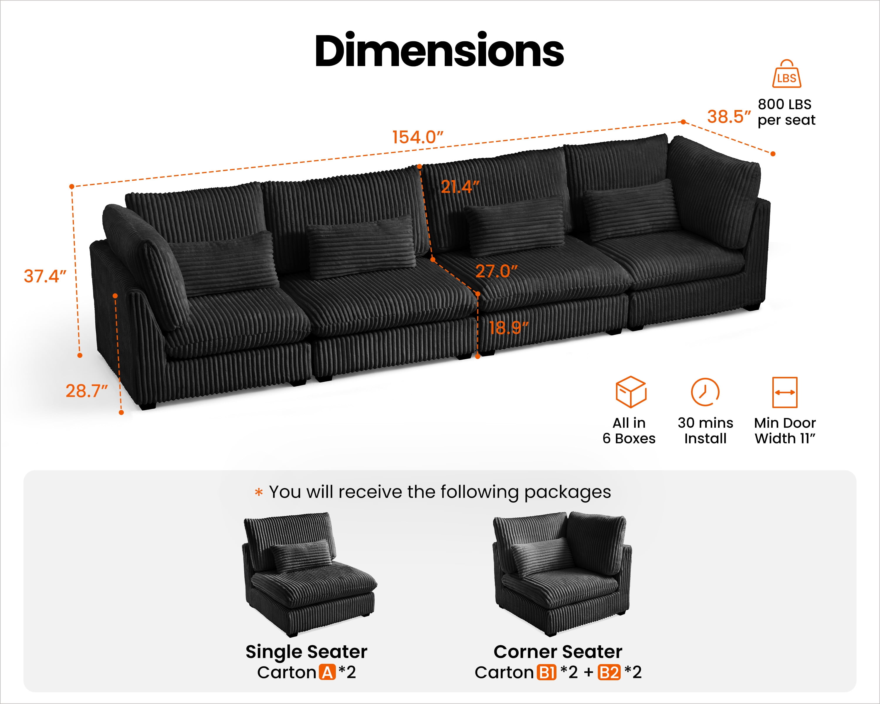 CHIC HOUSE Oversized Modular Sofa,Extra Deep Cloud Corduroy Sectional Couch with Ottoman Chaise,FSC Certified Fluffy Chenille Loveseat L Sofa for Living Room,Villa