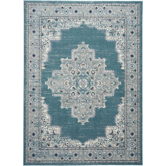 5' x 7' Aqua Floral Power Loom Distressed Area Rug