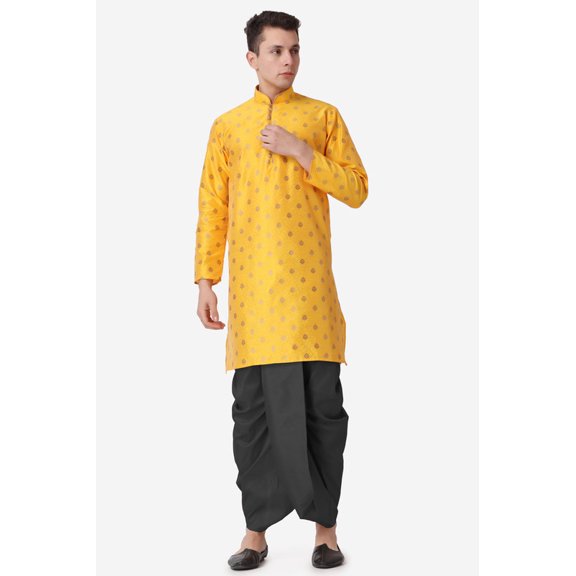 Royal Kurta Jacquard Silk Printed Mustard Kurta Black Dhoti Set for Men