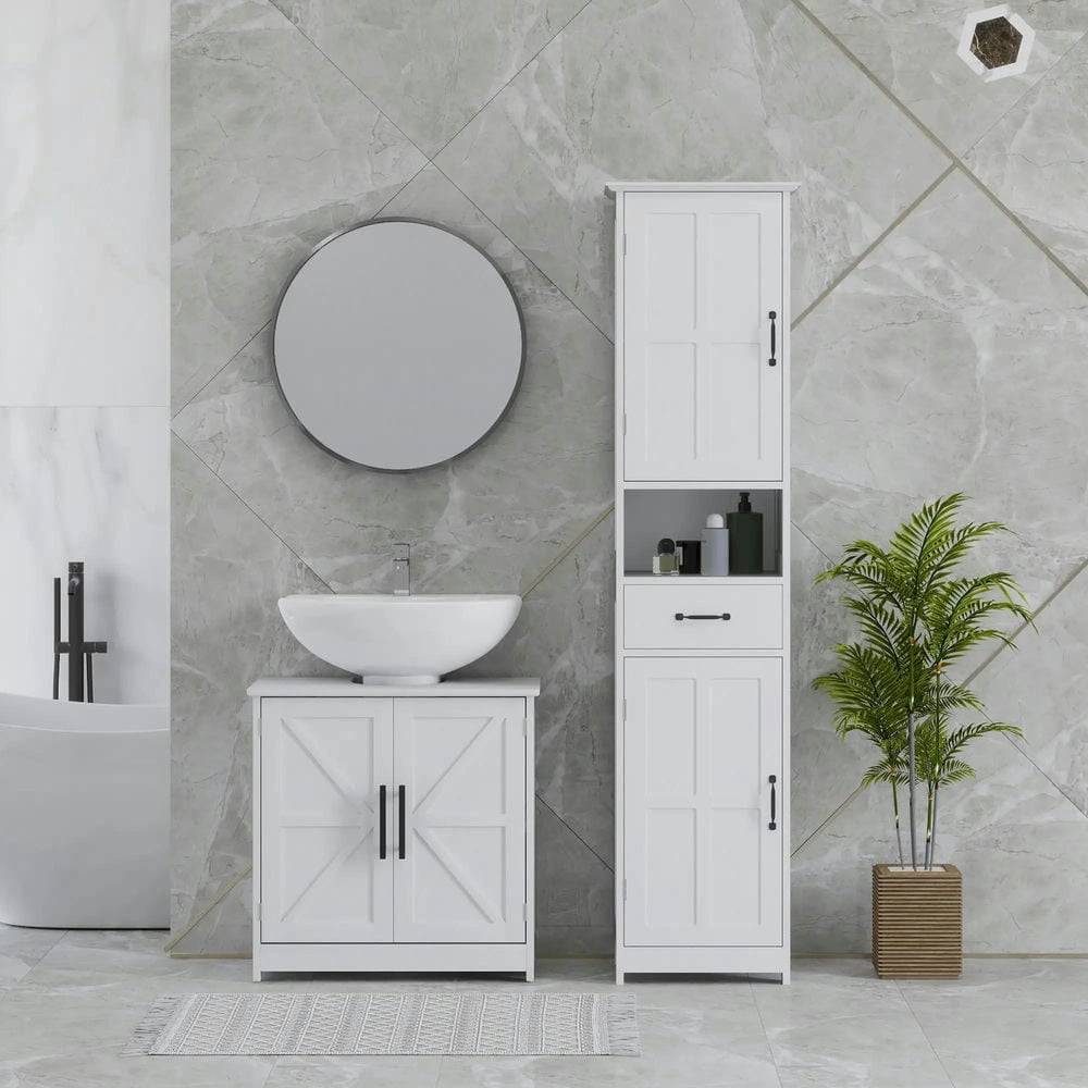 GVN Bathroom Storage Cabinet, Bathroom Floor Cabinet,Bathroom Sink Cabinet with 2 Barn Doors and Adjustable Shelf, White