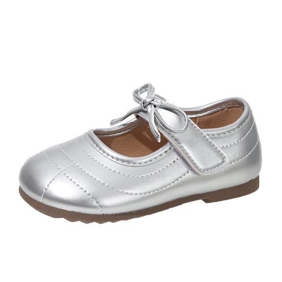 Girls Dress Shoes Toddler Little Kid Flats Mary Jane School Bowknot Flower Girl Party Ballerina Flat Shoes Silver 29