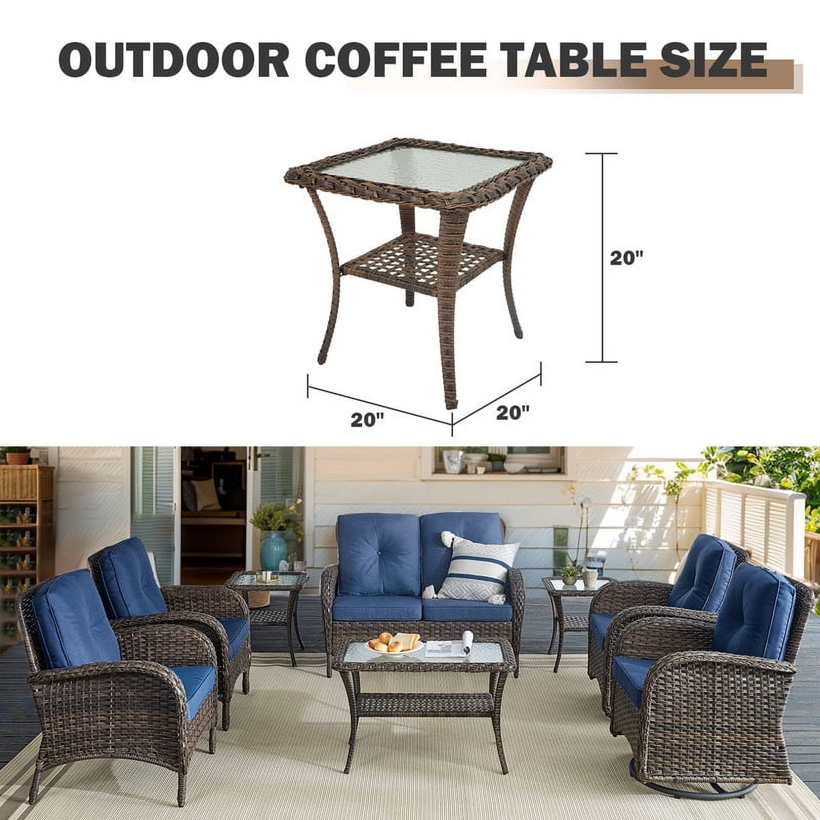 PARKWELL Outdoor End Table with Tempered Glass Top and 2-Layer Storage Shelves,All-Weather Brown Wicker Square Side Table for Backyard Porch Garden