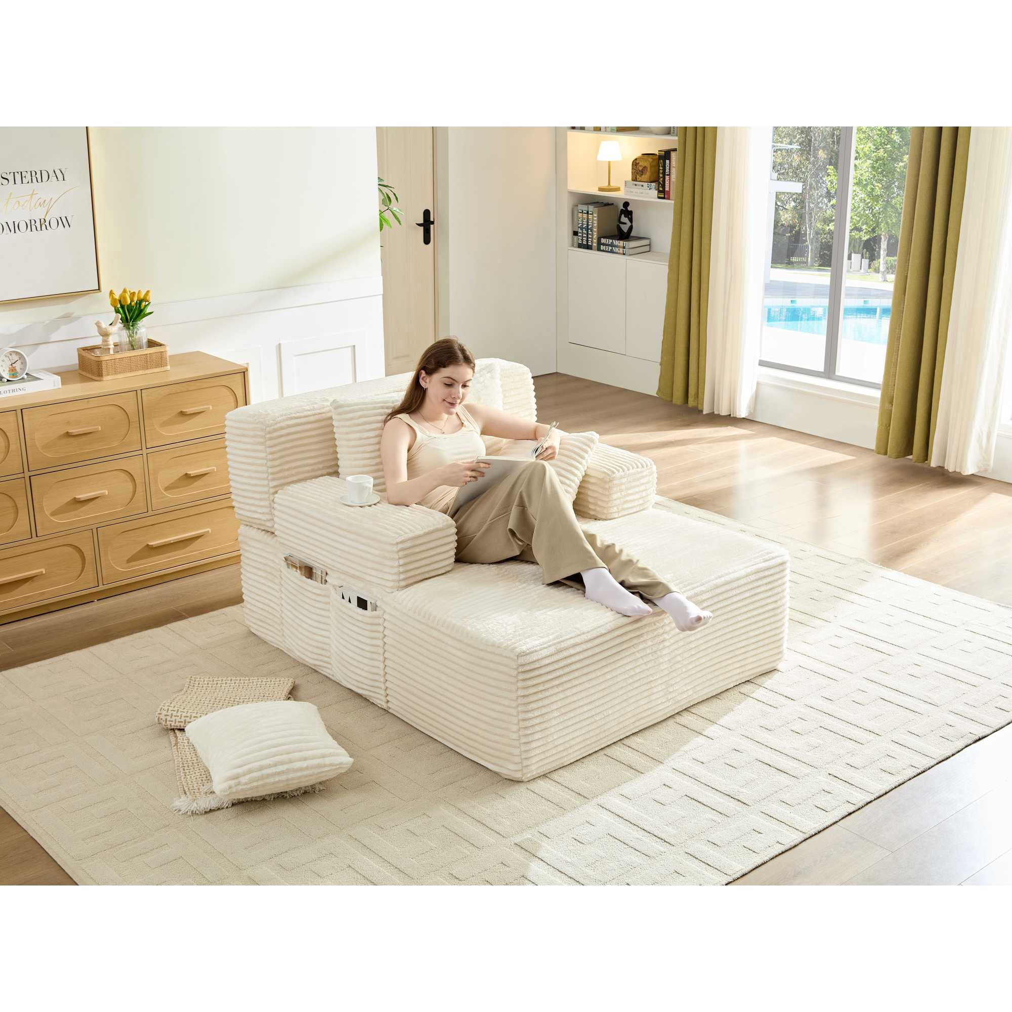 Leumius 70.8" Chaise Lounge Chair Indoor,Oversized Boneless Lounge Chair with Adjustable Backrest & Storage Pocket,Cloud Reading Chair for Living Room Bedroom, No Assembly Required,White