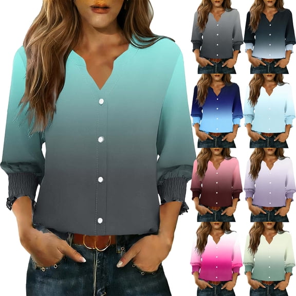 Dgankt Womens Clothes Womens 3/4 Quarter Sleeve Tops Spring And Summer Button V Neck Graphic Cute Shirts Dressy Color Gradient Casual Tunic Tops Women Blouses S-2XL