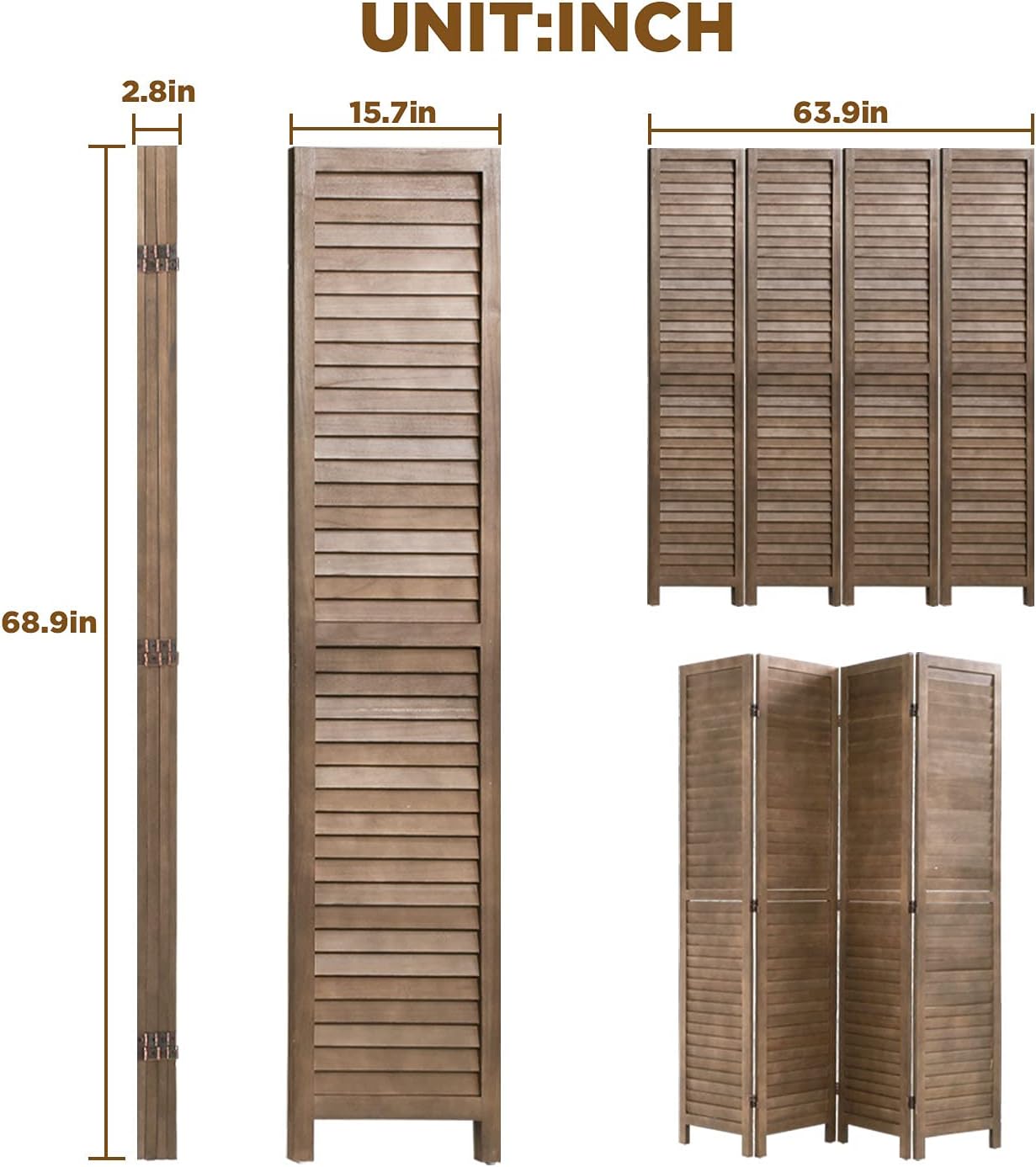 Dkelincs 4 Panel Wood Room Divider 68.9" x 15.7" Folding Privacy Screen Wall Divider for Home Office Bedroom, Brown