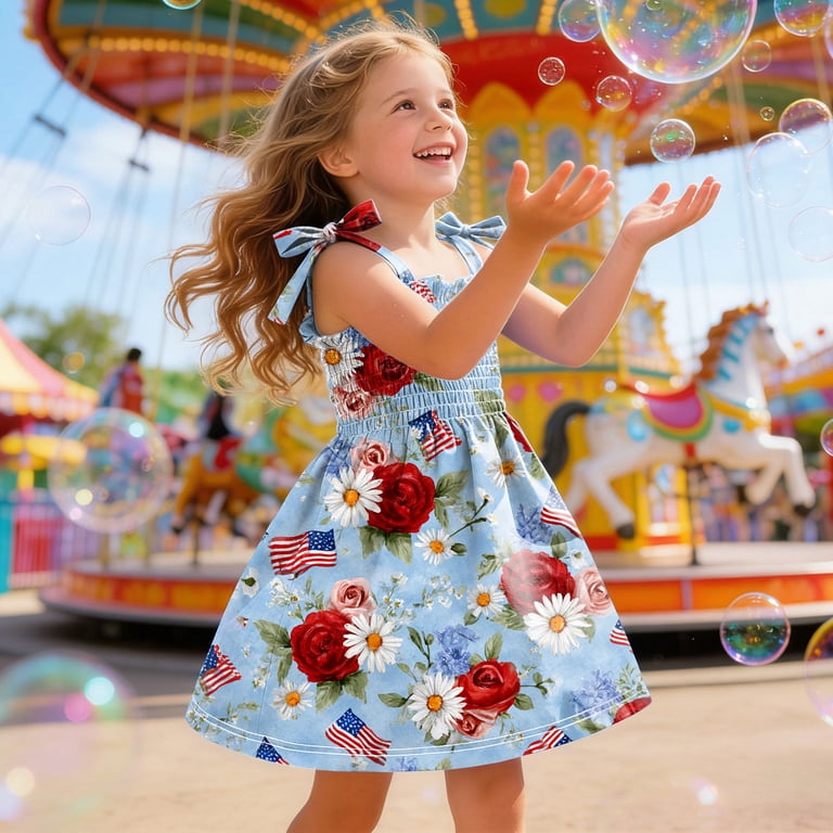 Splozh 4th of July Baby Girl Outfits 1T 2T 3T 4T 5T 6T Cute Summer Sleeveless Flag Dress American Flag Baby Dress,Light Blue,1-2 Years