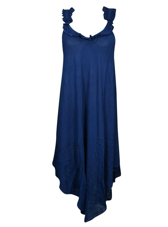 Mogul Women Blue Midi Dress Flared Sundress Summer Sleeveless Uneven Beach Dress XS