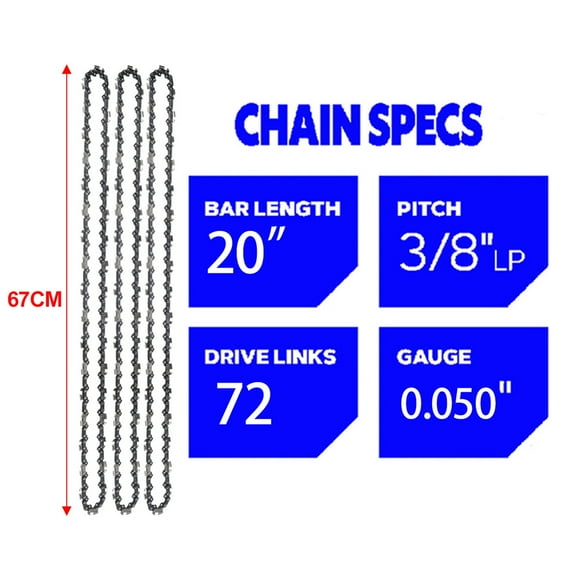 3/5 Pack 20 Inch Chainsaw Chain 72DL Drive Links 0.050" Gauge 3/8" LP Pitch Semi Chisel Saw Blade Replacement Garden Tool