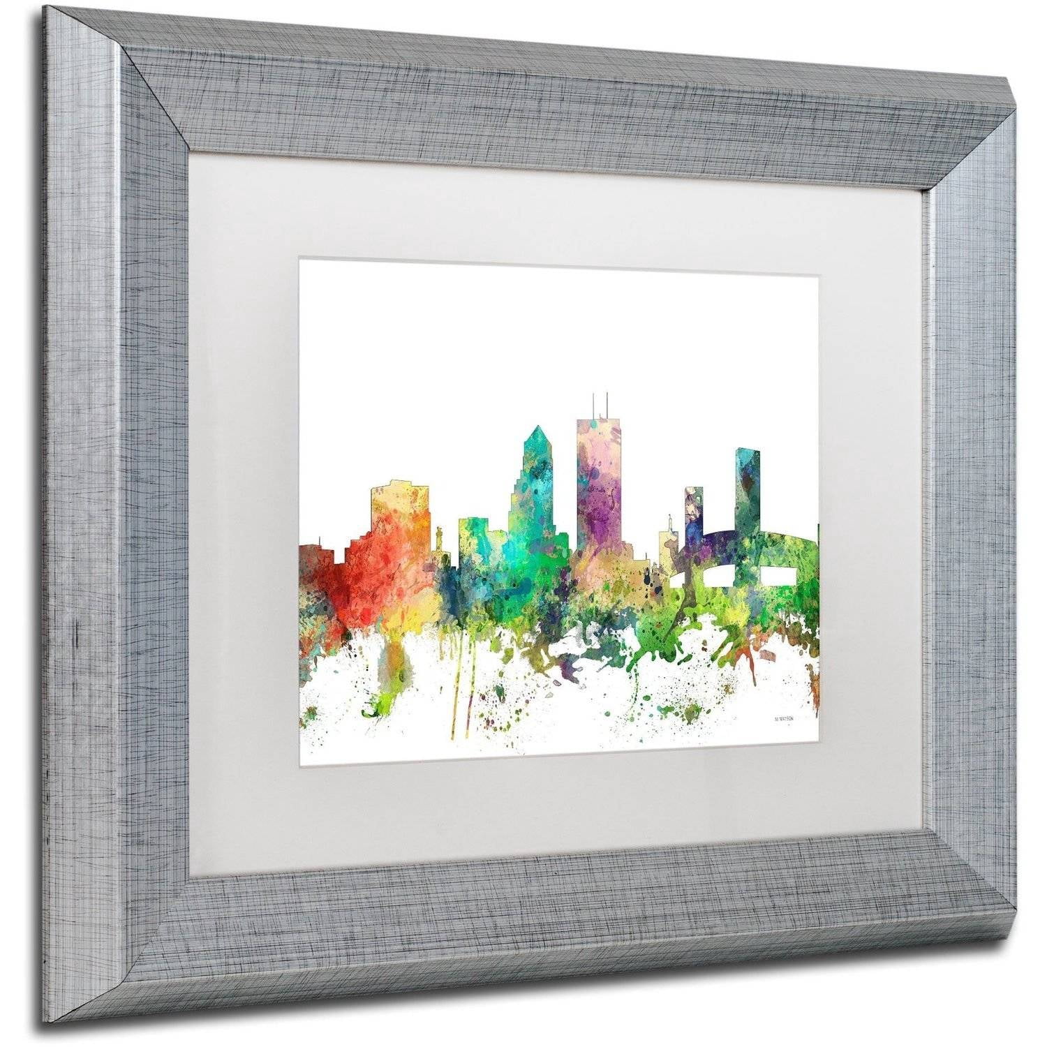 Trademark Fine Art "Jacksonville Florida Skyline SP" Canvas Art by Marlene Watson, White Matte, Silver Frame