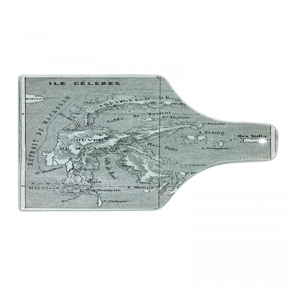 Island Map Cutting Board, Vintage Style French Map Chart of Sulawesi Island Mediterranean Destination, Tempered Glass Cutting and Serving Board, Wine Bottle Shape, Black and White, by Ambesonne