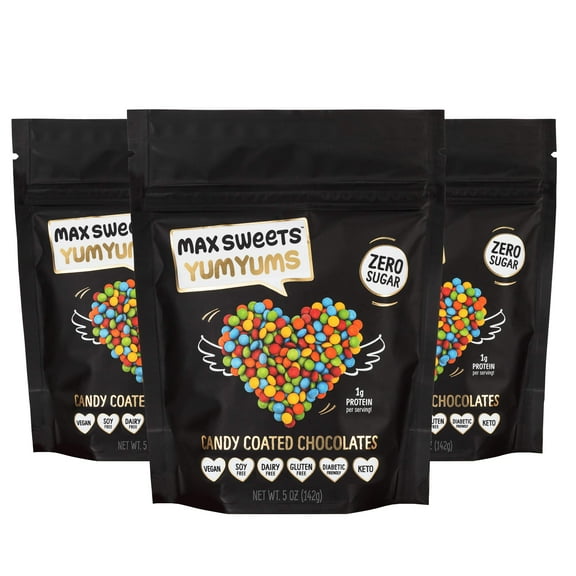 Max Sweets Sugar Free Dark Chocolate YumYums - Keto Candy Low Carb Snack Candy Coated Healthy Chocolates Diabetic Snacks Vegan (3 bags, 15oz