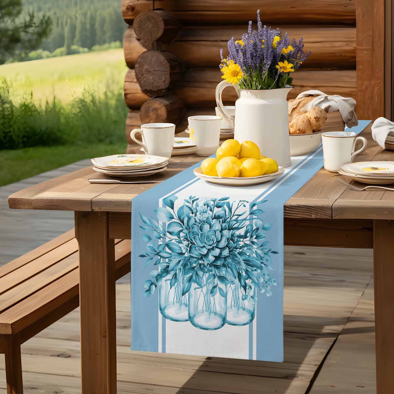 Country Teal Flower Botanical Table Runner 90 Inches Long, Modern Watercolor Stripes Table Runners Tabletop Scarf Kitchen Dining Tables Decoration for Home Party Indoor Outdoor