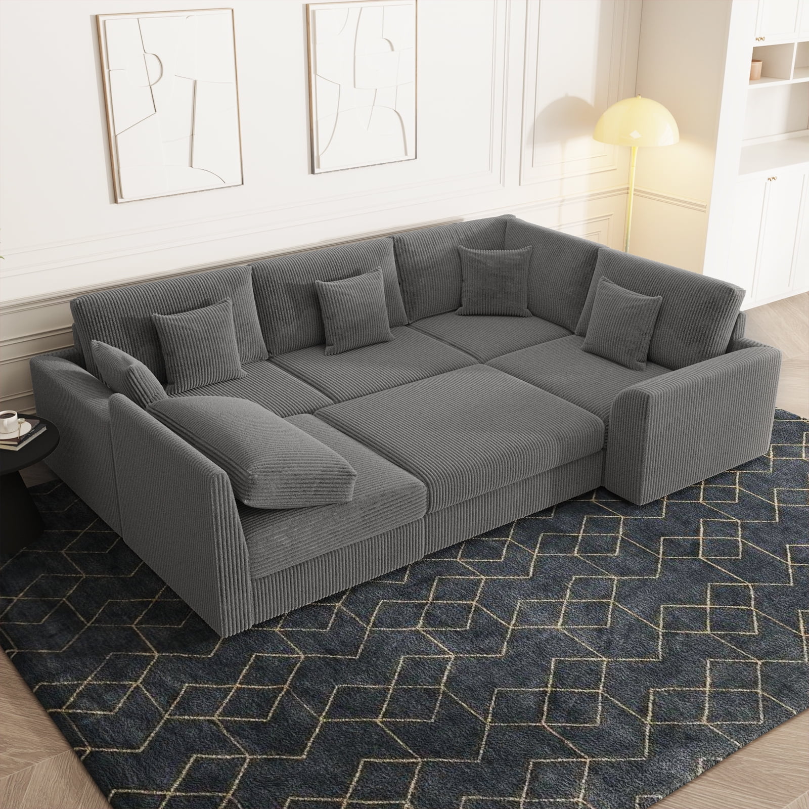 Advwin Oversized Modular Sectional Sofa with Storage Ottoman & 5 Pillows, Modern L-Shaped 6-Seater Corduroy Cloud Couch, Convertible Sleeper Sofa for Living Room, Dark Gray