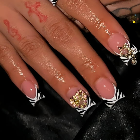 Black Press on Nails Duck Fake Nails with Star Design French Tip Nail Press ons Glossy Glue on Nails Reusable Artificial Acrylic Full Cover False Nails Short Stick on Nails for Women Manicure 24Pcs