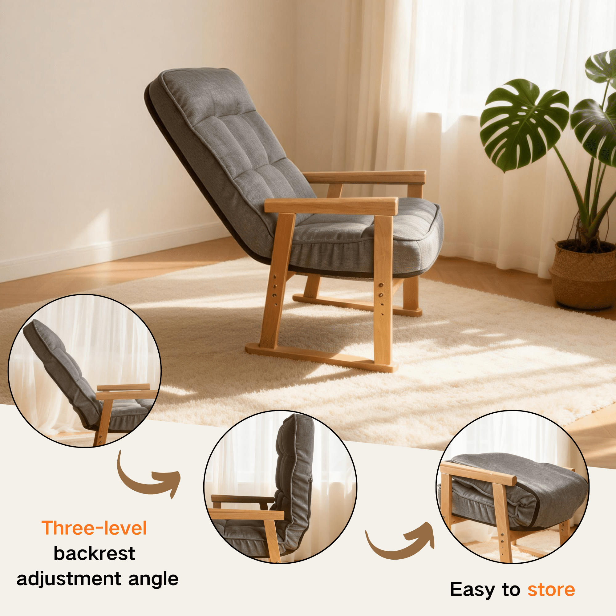 Leumius Modern Lounge Chair with Adjustable Seat Height and Three-Level Lumbar Angle Adjustment for Living Room, Bedroom, Study and Attic Gray