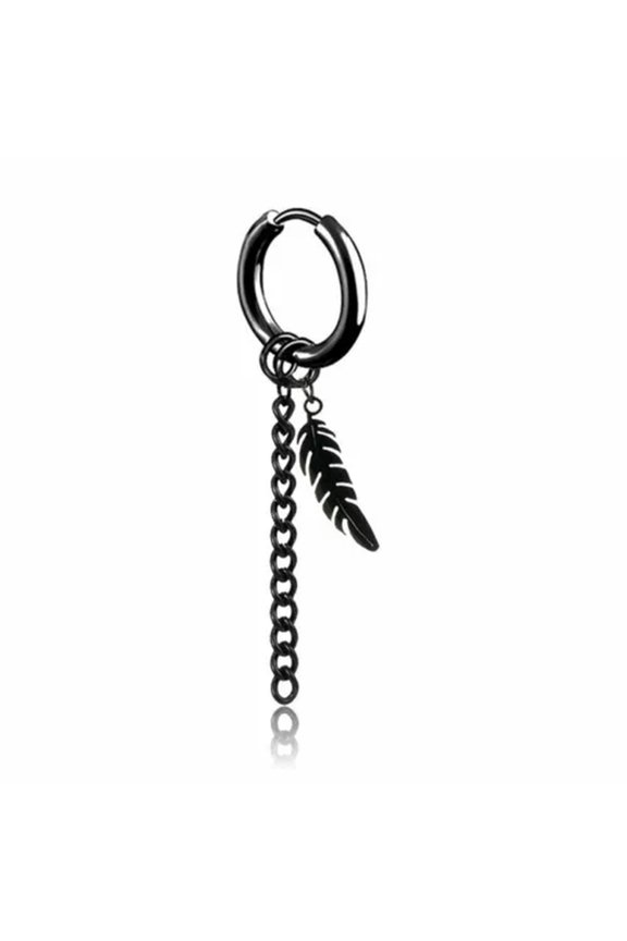 1PC Black Stainless Steel Earrings Ear Hoop Dangle Punk Hip Hop Men Jewelry Gift-Feather