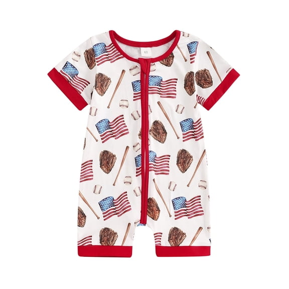 Coerni 4th of July Toddler Girl Outfit Boys Independence Day Summer Baseball Print Zip Up Bodysuit Short Crawl Suit