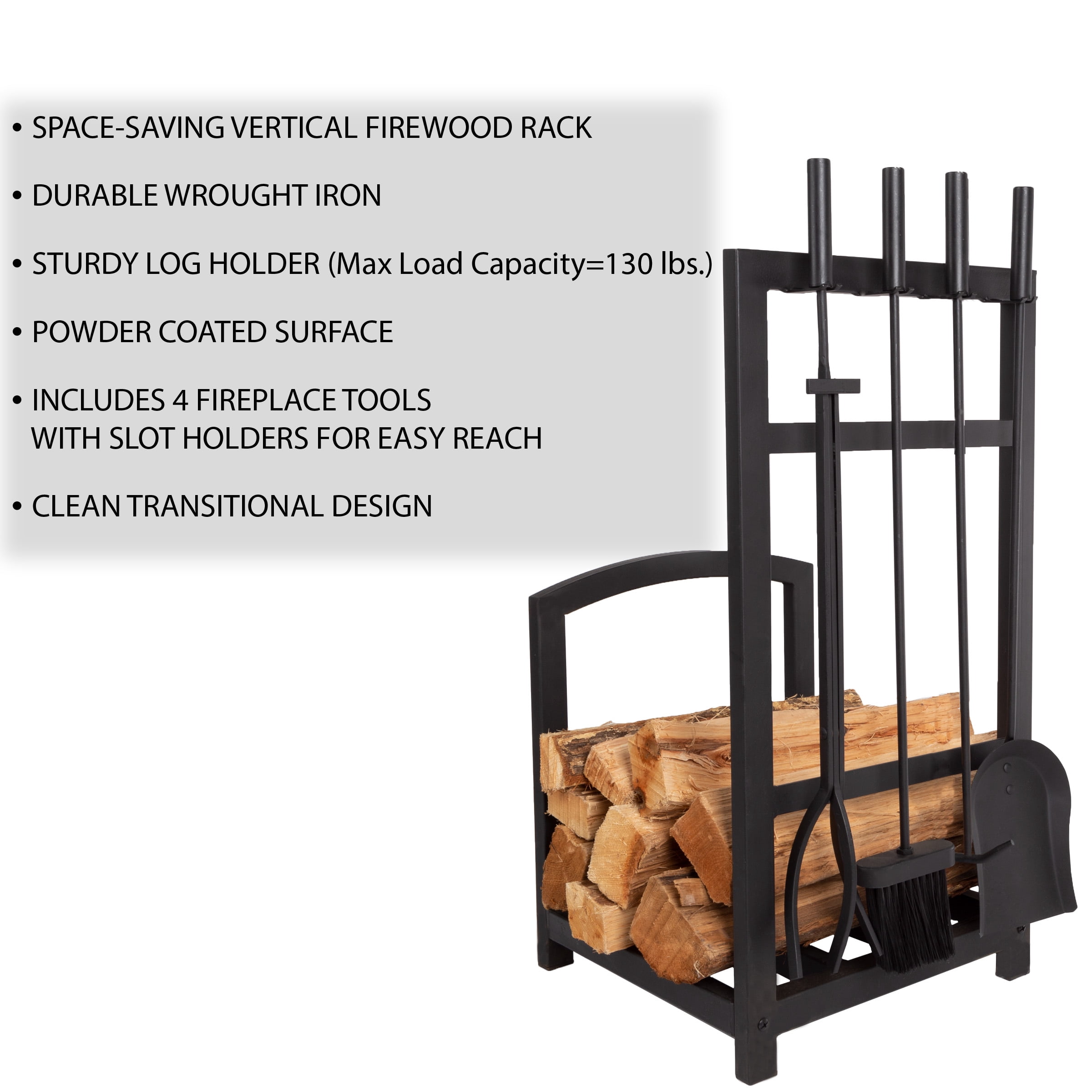Somerset Home 5-Piece Modern Fireplace Tool Set and Log Rack (Matte Black)