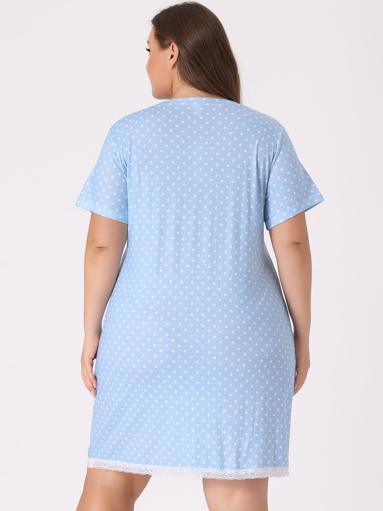 DARING DIVA Women's Plus Size Soft Short Sleeve Lace Trim Pajama Dress 2X Light Blue