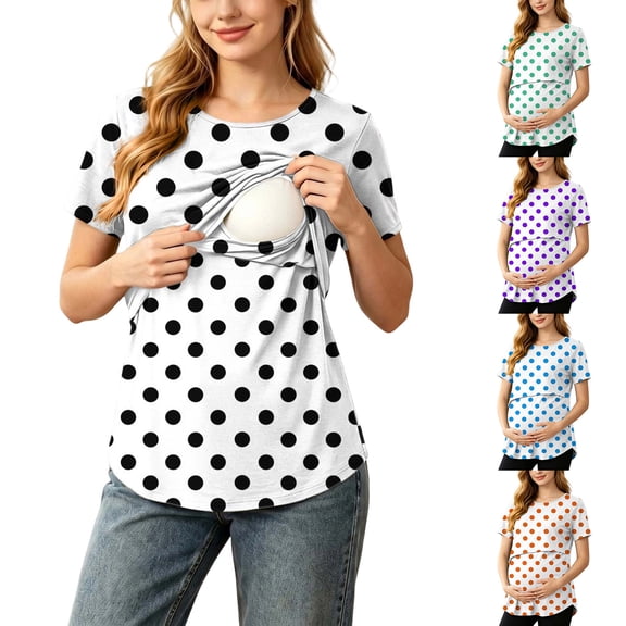 Hxshgdsn Womens Maternity Nursing Top for Breastfeeding Short Sleeve Cute Printed Round Neck Pullover Tops(Black/L)