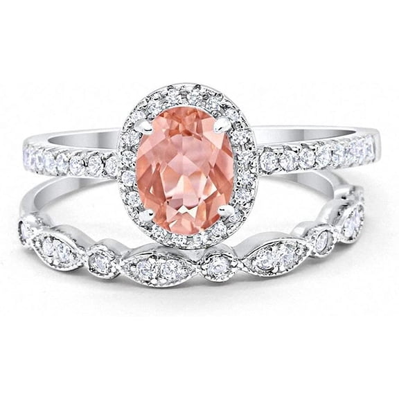 beryl_creation 14K White Gold Plated 2.10 Ct Oval Cut Morganite Wedding Engagement Halo Bridal Ring Set 925 Sterling Silver For Women's -9