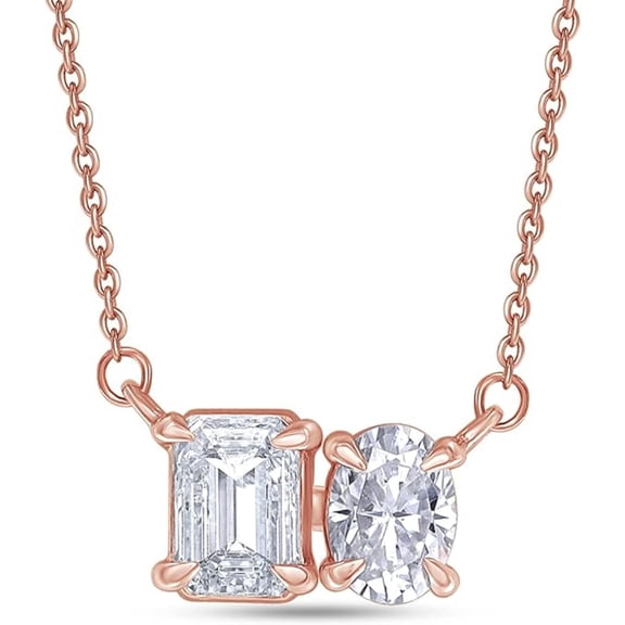 925 Sterling Silver 14K Rose Gold Finish Emerald Shape & Oval Cut Toi Et Moi Pendant Necklace for Women